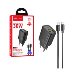 Hoco Adapter N63 2 Ports USB+Type-C PD30W with Type-C to Type-C Cable 1m Black